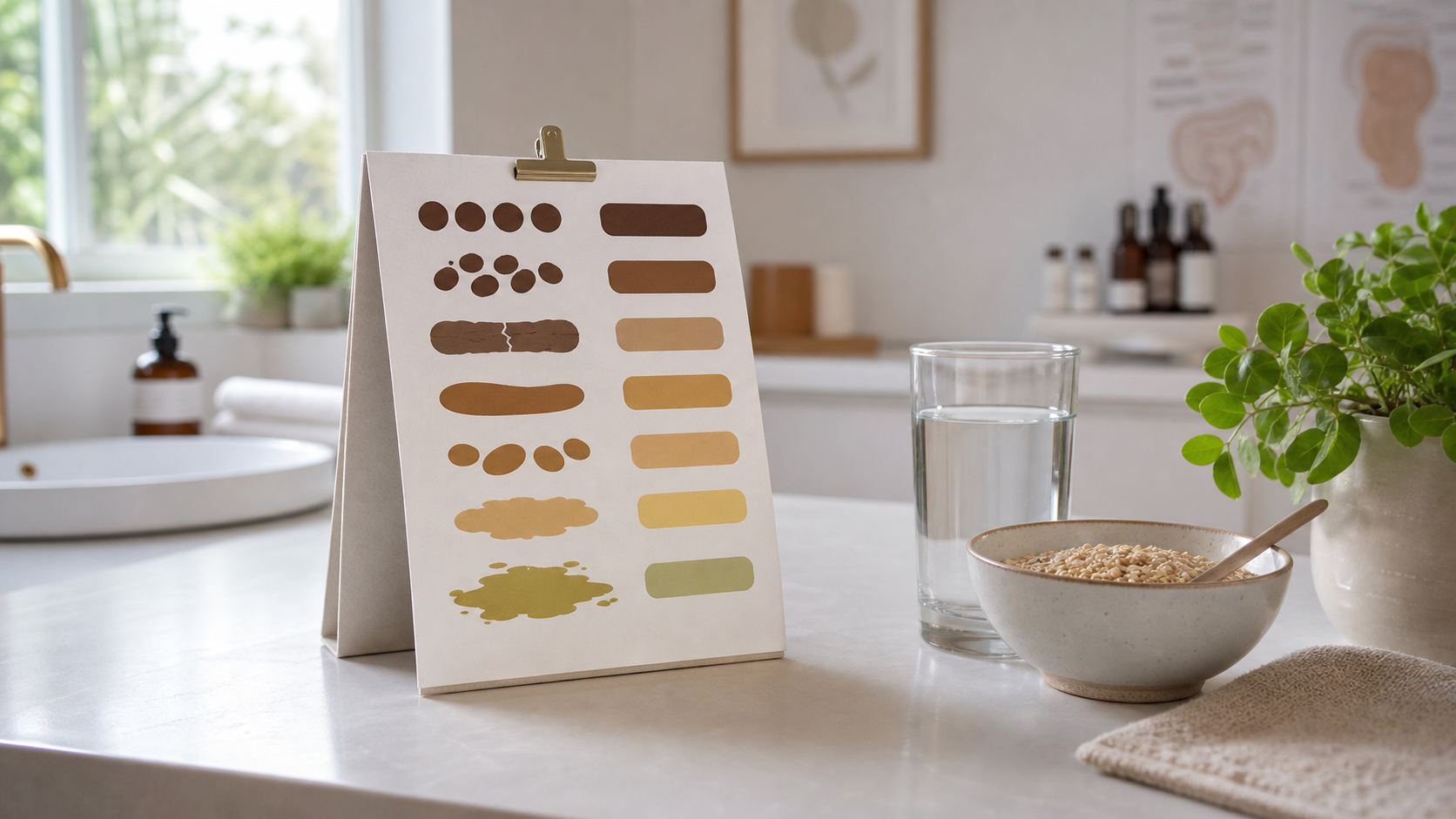A clean bathroom counter with a digestive health reference card, a glass of water, and fiber-rich food.